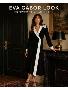VTG 70s Eva Gabor Look By Estévez Black Ivory Tuxedo Hostess Dress 10